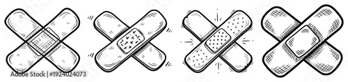 Hand drawn sketch of crossed medical adhesive bandages or plasters set