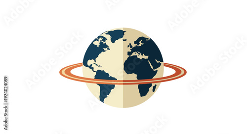 Stylized illustration of earth with orbiting ring on white background