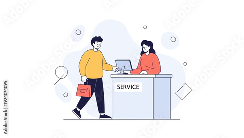 Customer Service Interaction: Man at Desk with Shopper Bag, Woman Assistant