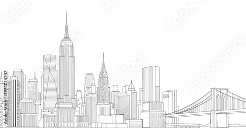 Stylized sketch of a city skyline with tall buildings and a bridge