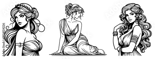 Beautiful ancient greek goddesses with long wavy hair in elegant robes vector set