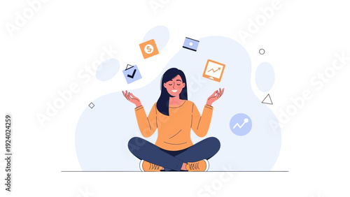 Woman Juggling Business Icons, Work-Life Balance Concept, Vector Illustration