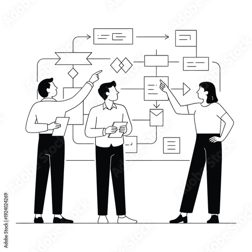 Team collaboration on a process flowchart with diagrams and strategic planning