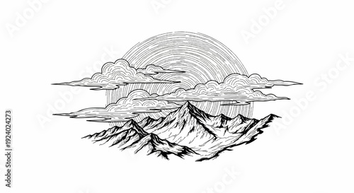 Stylized mountainous landscape with abstract sun and clouds