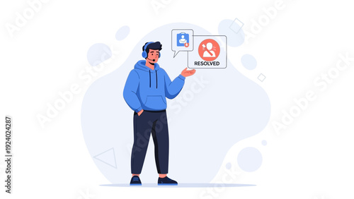Customer service agent with headset showing resolved issue icon