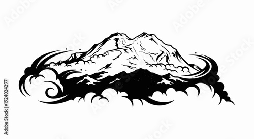 Stylized mountainous landscape with swirling clouds and stylized wind elements