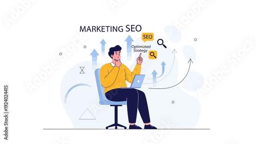 Man optimizing marketing strategy with SEO and laptop for business growth