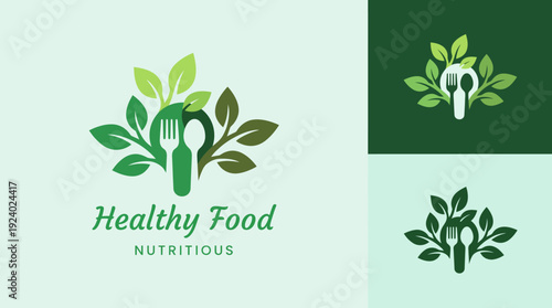 A fresh logo design showcasing healthy food options with leaves and utensils, symbolizing nutrition and wellness, perfect for brands in the health and food industry.