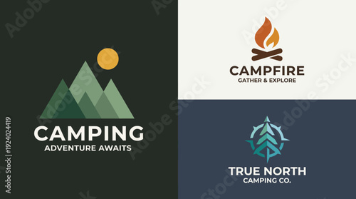 A captivating logo set featuring outdoor camping themes, illustrated mountains, a campfire, and vibrant colors inviting exploration and adventure in nature's embrace.