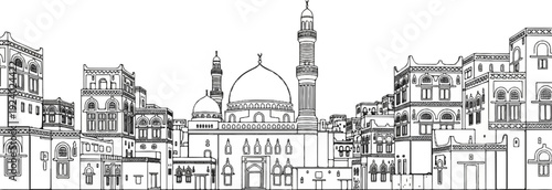 Stylized line drawing of a Middle Eastern cityscape with a mosque