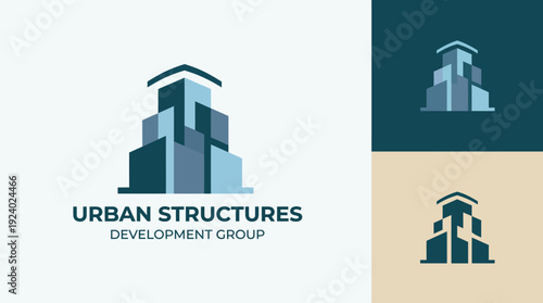 An innovative logo portraying urban development and architecture, featuring overlapping shapes and colors that represent contemporary building structures and growth.