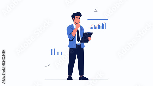 Man analyzing financial charts, business growth concept, data analysis illustration