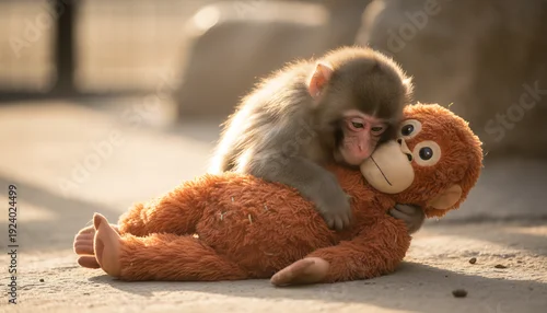 Obraz Punch the Monkey, Punch a Baby Japanese macaque monkey hugging and resting on a brown plush toy orangutan outdoors in warm sunlight