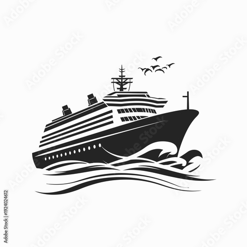 Stylized black and white cruise ship vector illustration on white background