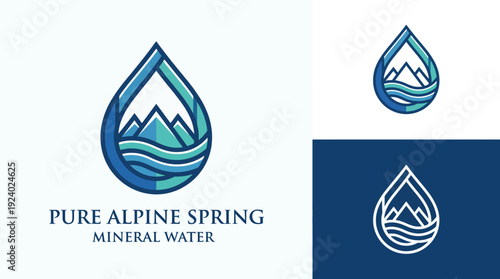 The logo creatively integrates mountains, water, and nature themes within a water drop shape, ideal for a mineral water brand that emphasizes purity and nature.