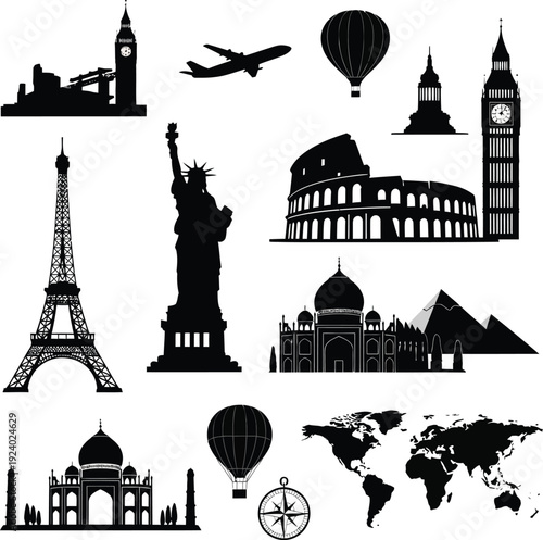 Famous Landmarks Silhouetted Against White Background