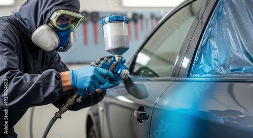 Professional auto body technician spray painting car in workshop