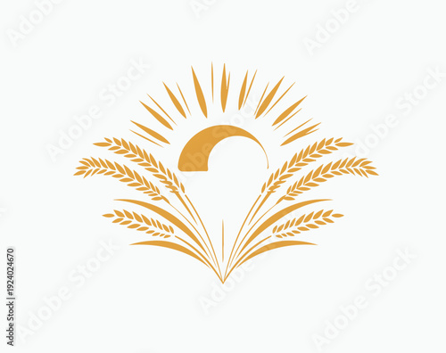 Golden wheat ears and rising sun emblem symbolizing harvest and agriculture