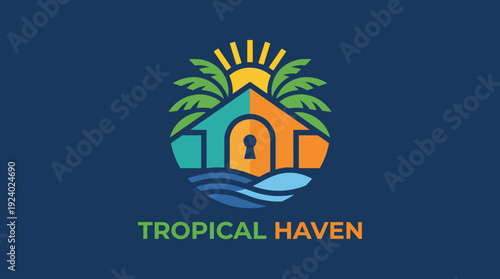 A colorful logo design combining a house, palm trees, sun, and water, embodying the essence of a luxury tropical retreat perfect for those seeking relaxation and adventure.