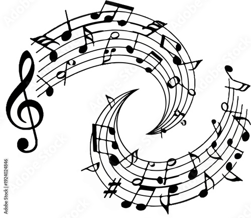 Swirling musical notes create a dynamic visual melody, with a treble clef