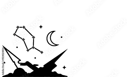 Stylized night sky with constellations, moon, and clouds