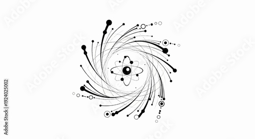Swirling atomic structure with radiating lines and dots