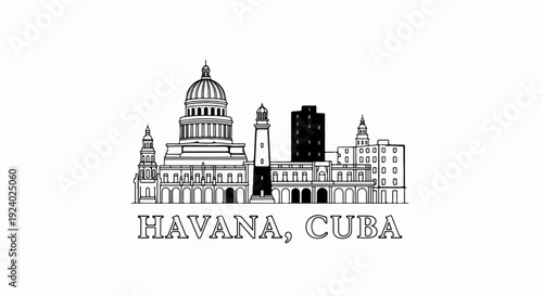 Stylized outline of Havana's capitol building, lighthouse, and modern skyscraper