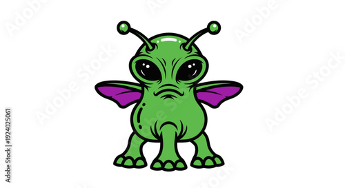 Cartoon alien character illustration green creature with large eyes and antennae
