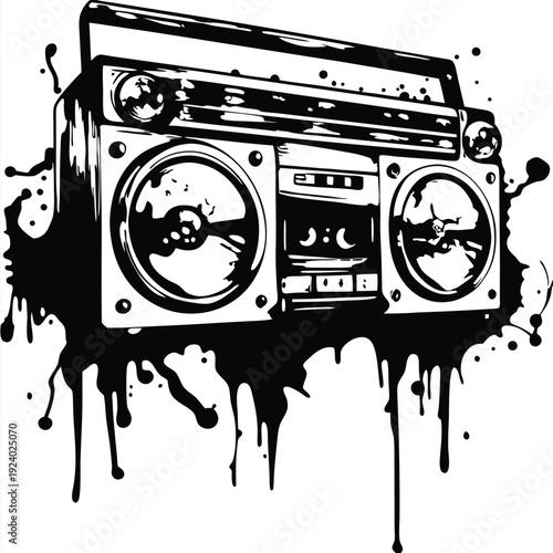 Vintage boombox depicted amid dripping black paint, exhibiting a stylized, urban aesthetic
