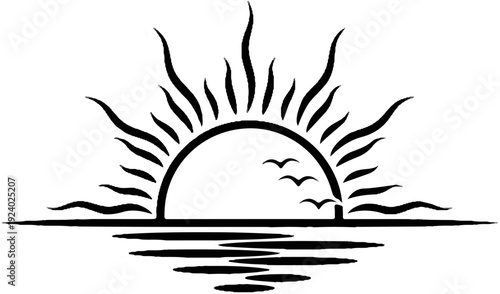 Stylized sunrise over water with birds in flight