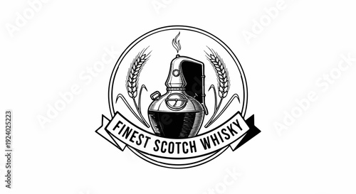 Vintage illustration of a distilling apparatus with wheat and a banner