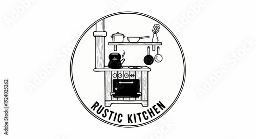 Vintage illustration of a rustic kitchen with a wood stove and cookware