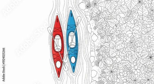 Two kayaks, one red and one blue, float on a river next to a leafy shore