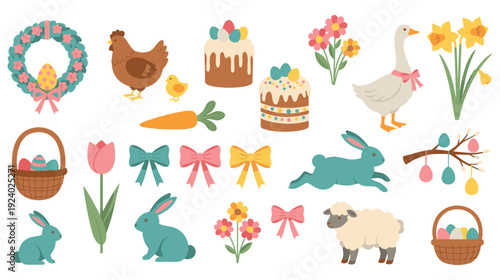 A colorful Easter-themed illustration with various festive objects and animals