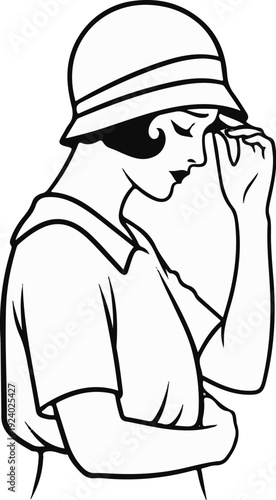 Vintage illustration of a woman in a cloche hat touching her eye