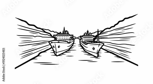 Two large ships sailing in opposite directions towards a central point