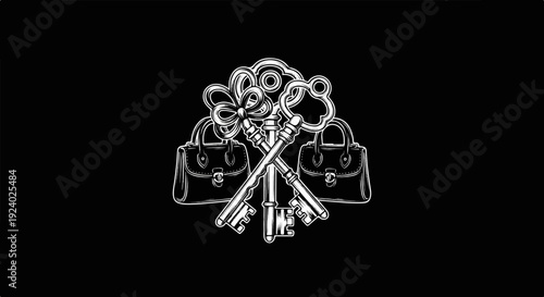Vintage illustration of ornate keys and elegant handbags on black background