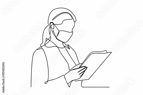 Line drawing of a woman wearing a mask and reading paperwork