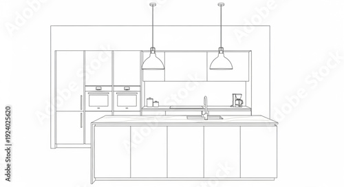 Modern Kitchen Design Architectural Sketch Rendering.