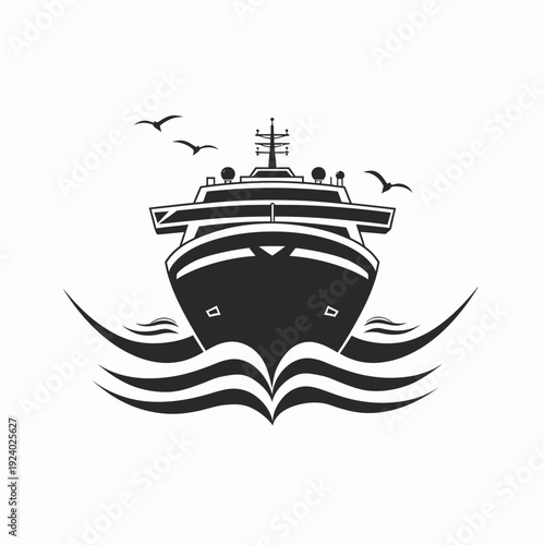 Black and white cruise ship vector illustration with birds and waves