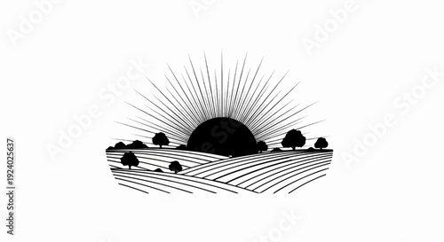 Stylized sunrise over rolling fields with scattered trees and sun rays