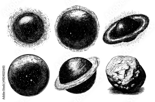Set of planets and celestial bodies in space in vintage stippled engraving style