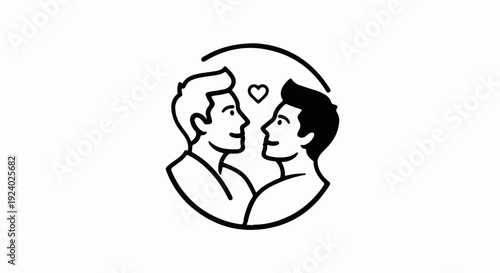 Two men look at each other lovingly with a heart above them in a circle