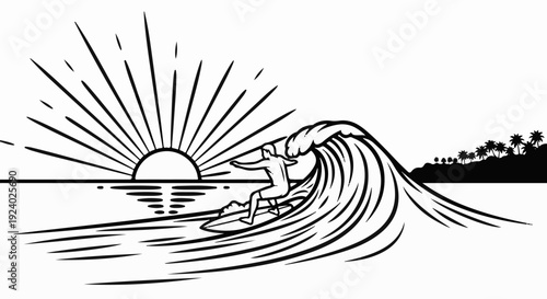 Surfer rides a breaking wave under a radiant sun near a palm-lined shore