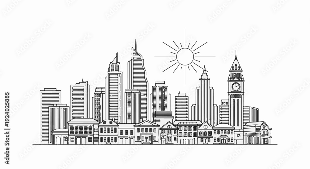 Obraz premium Stylized line drawing of a cityscape with modern and historic buildings under the sun