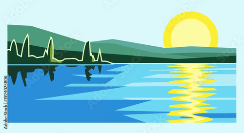 Stylized sunrise over calm water with distant mountains reflected