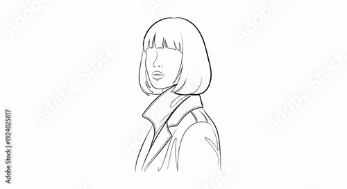 Stylized outline portrait of a woman with a bob haircut and a trench coat