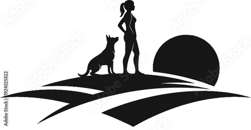 Woman and dog silhouetted against large sun on abstract landscape