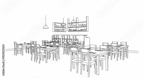 Stylized sketch of a restaurant dining area with tables, chairs, and a bar