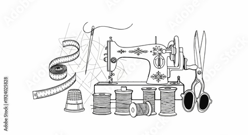 Vintage sewing machine with thread, needles, scissors, and measuring tape